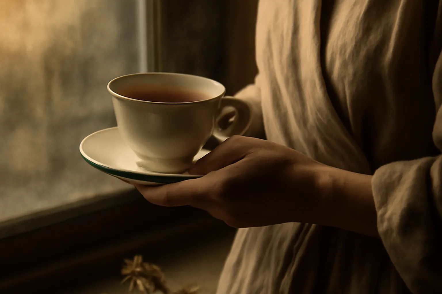 Main de femme tenant une tasse de the pres d'une fenetre embuee, robe de lin, lumiere matinale