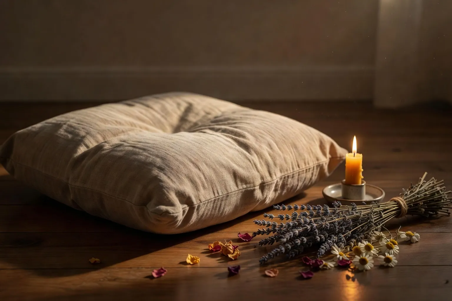 Coussin de meditation au sol avec bougie unique et herbes sechees, lumiere chaude d'apres-midi