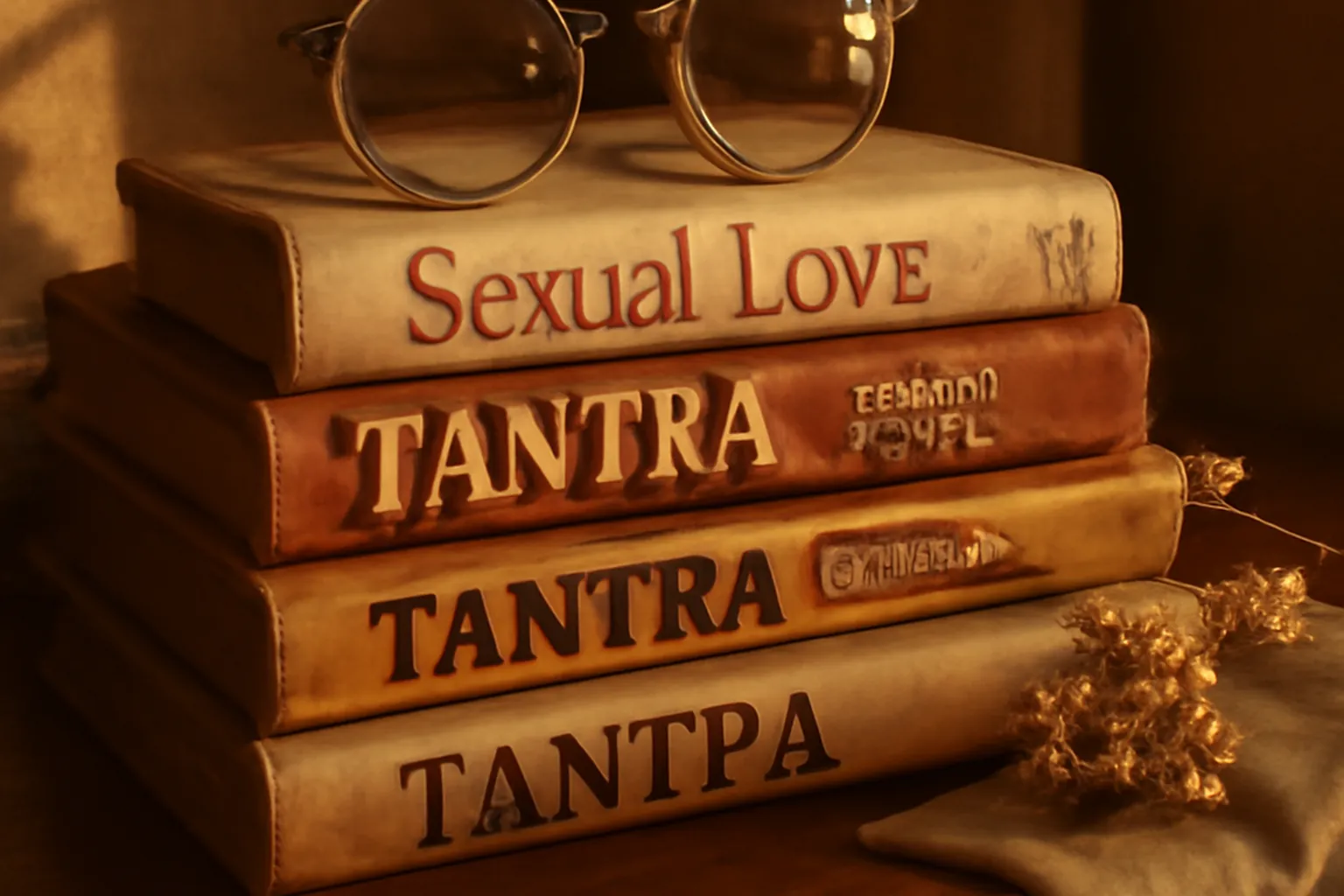 Pile de livres de tantra avec lunettes de lecture sur un bureau en bois, lumiere chaude