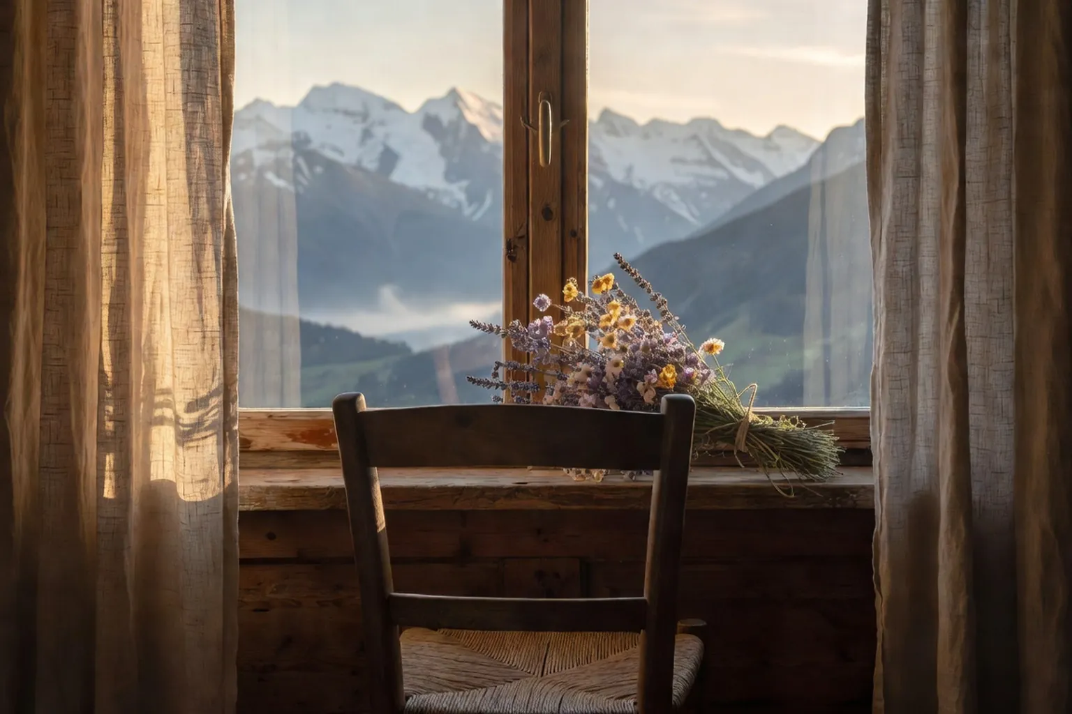 Paysage alpin a l'aube vu d'une fenetre suisse, chaise simple face au lever du soleil
