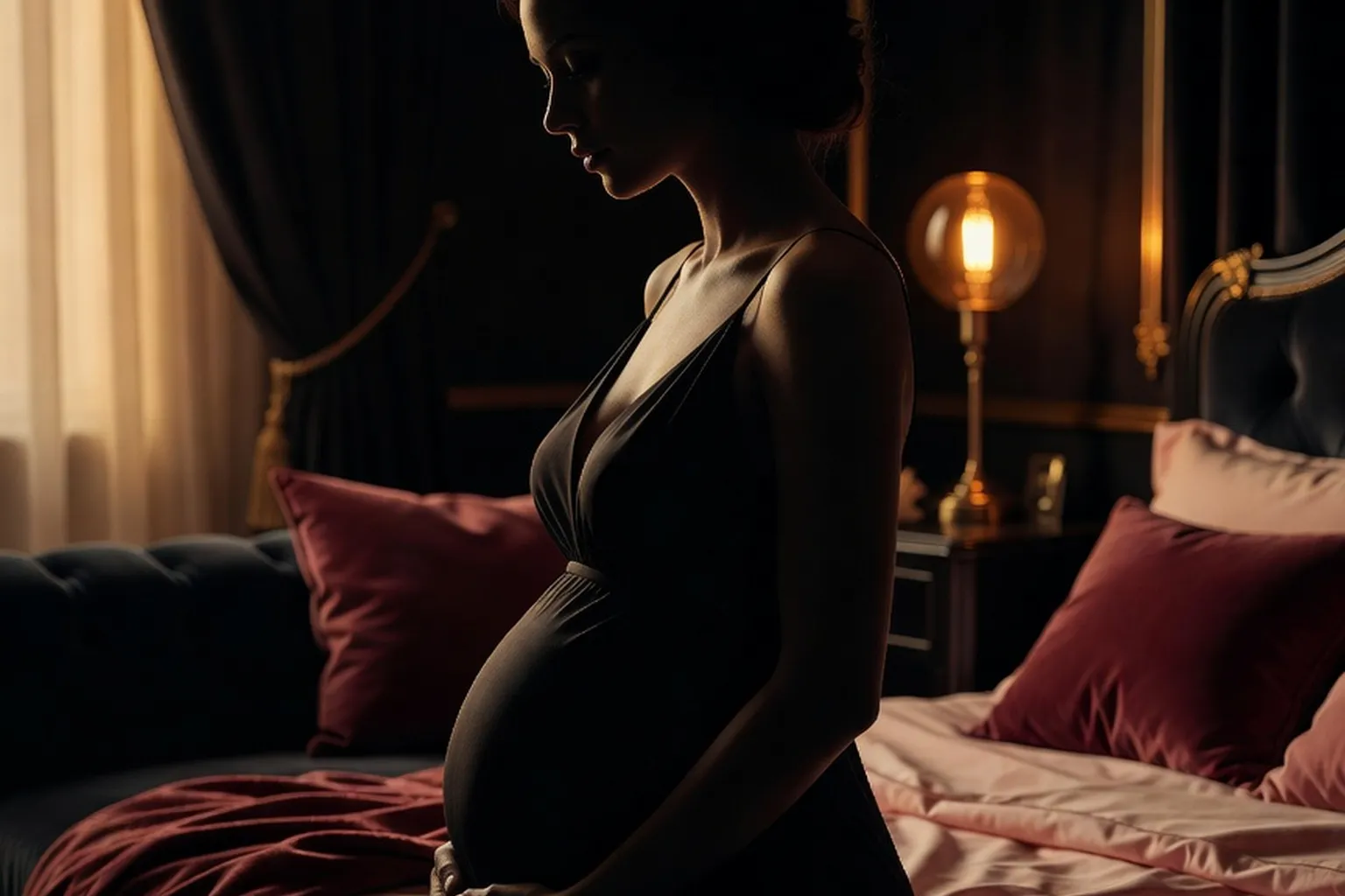 Couple enlacé avec tendresse, silhouette d'une femme enceinte de profil, lumière dorée tamisée