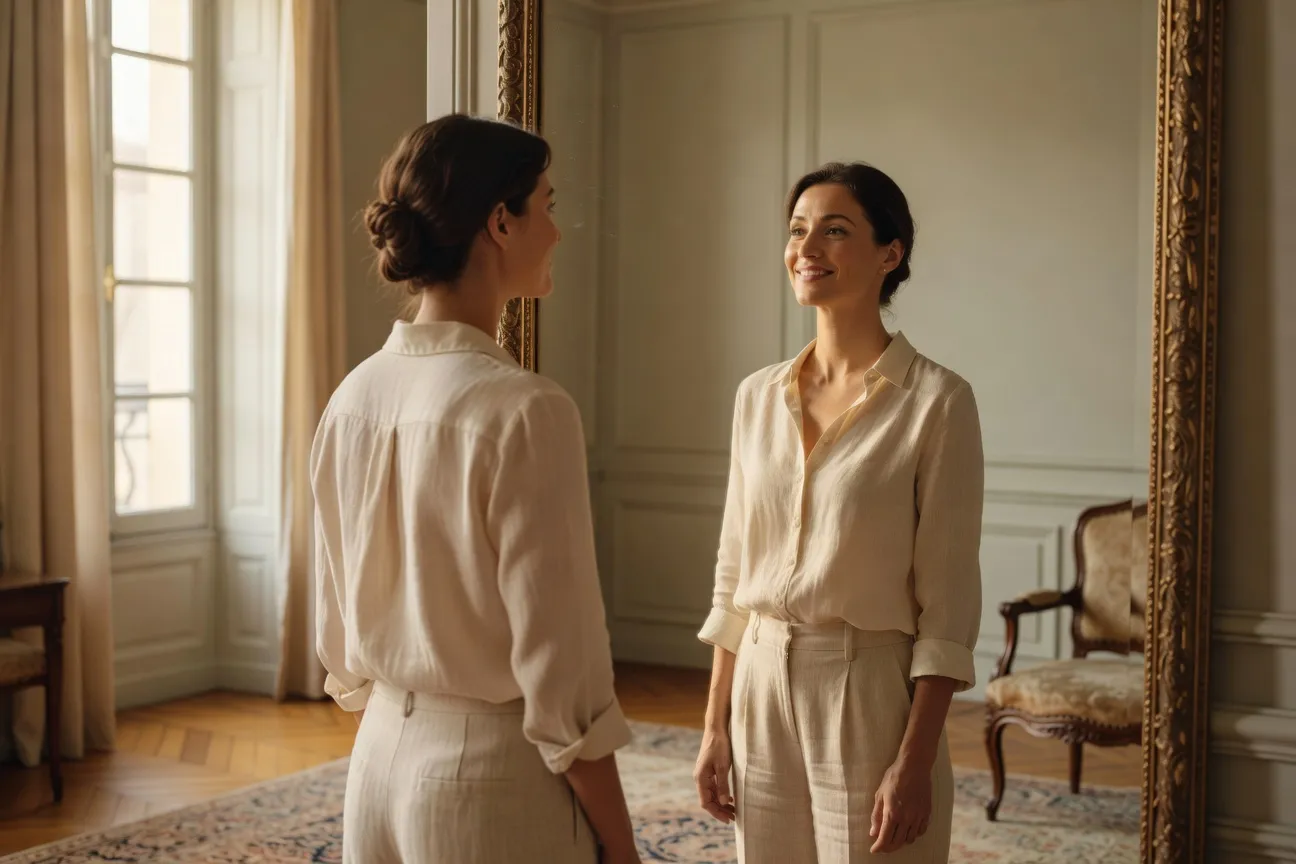 Une femme qui se regarde dans un miroir avec curiosité bienveillante, lumière douce et chaleureuse, atmosphère d'acceptation de soi