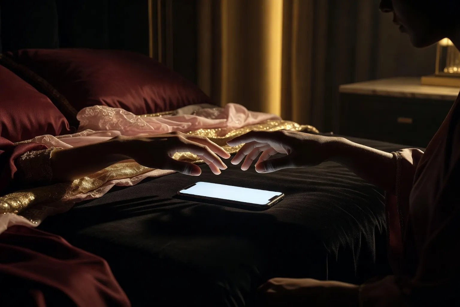 Deux mains se rejoignant doucement au-dessus d'un téléphone posé sur une table, lumière chaude tamisée