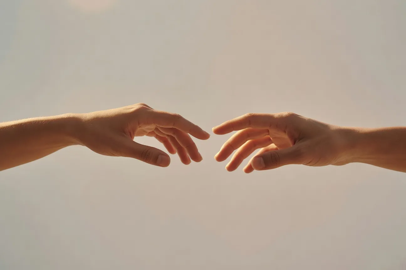 Deux mains qui se rapprochent doucement dans un geste de reconnexion, lumière dorée, atmosphère de confiance retrouvée