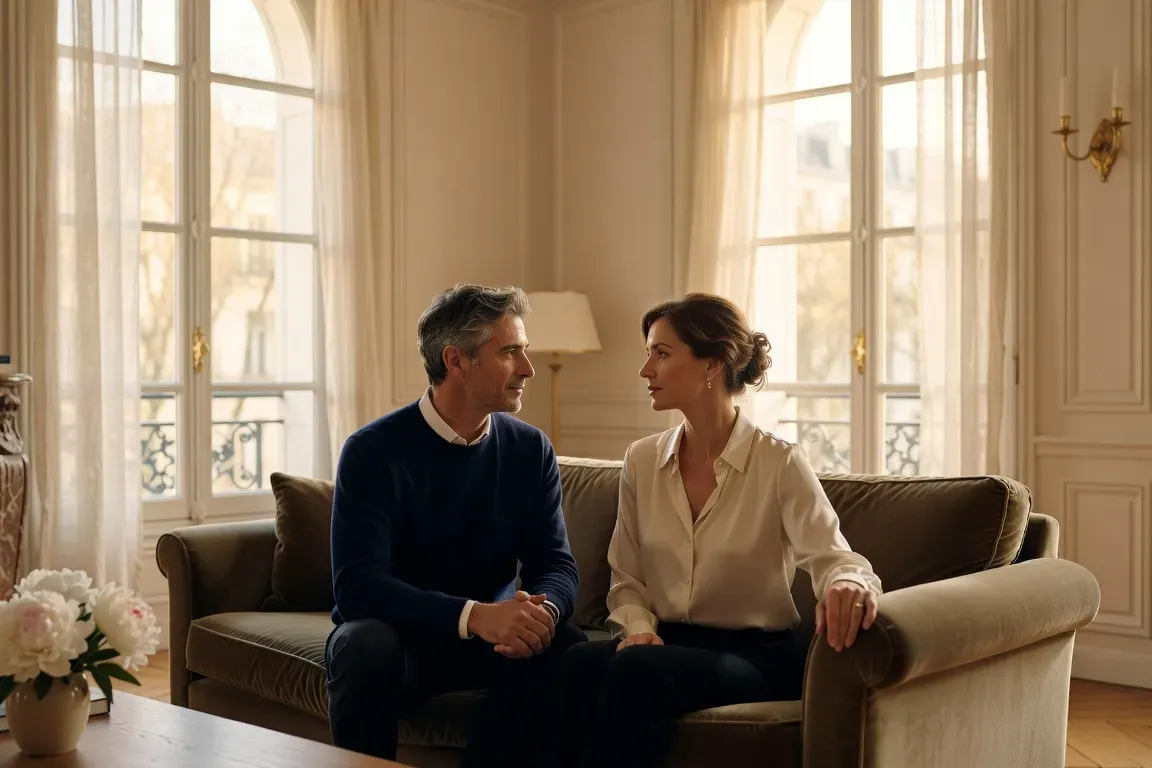 Un couple assis côte à côte dans une lumière apaisée, posture ouverte et attentive, atmosphère de dialogue et de présence