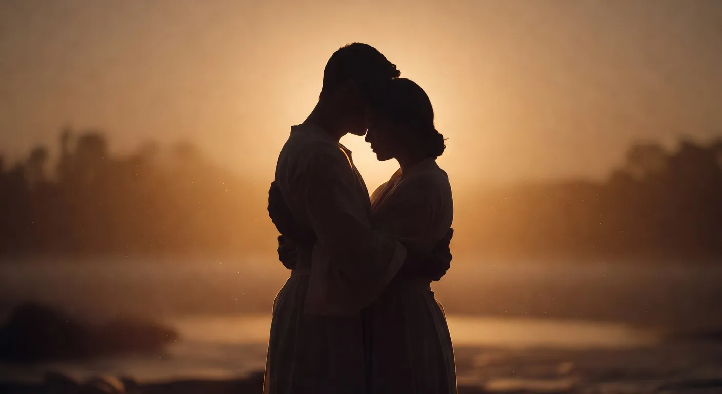 Deux silhouettes enlacées dans une lumière chaude, atmosphère apaisée et spirituelle, sans nudité