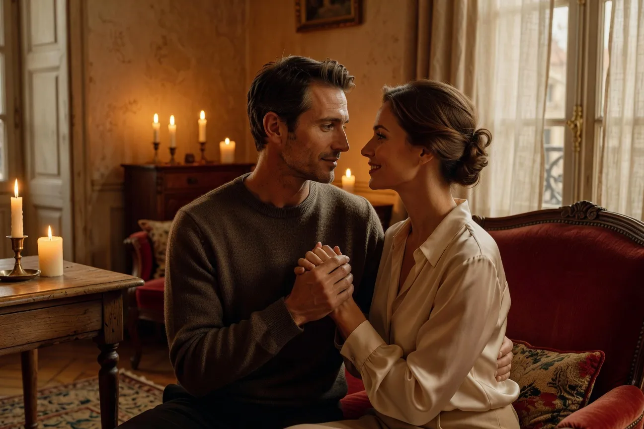 Un couple dans un moment de tendresse douce, main dans la main, lumière de bougie, atmosphère bienveillante et intime