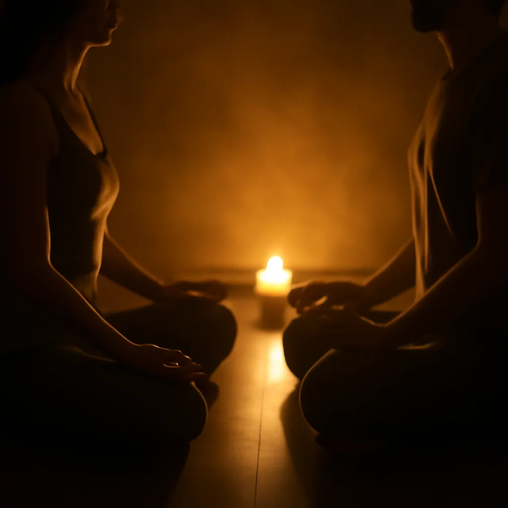 Deux silhouettes assises face à face dans une lumière de bougies, sans contact, méditation et connexion