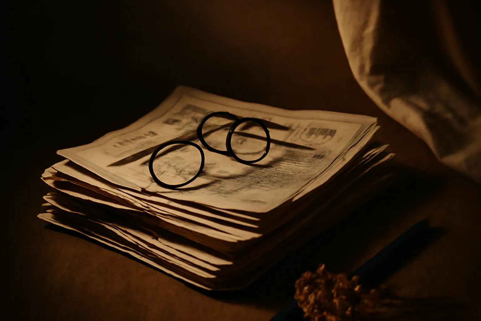 Pile de coupures de presse sur un bureau en bois avec lunettes de lecture et stylo plume