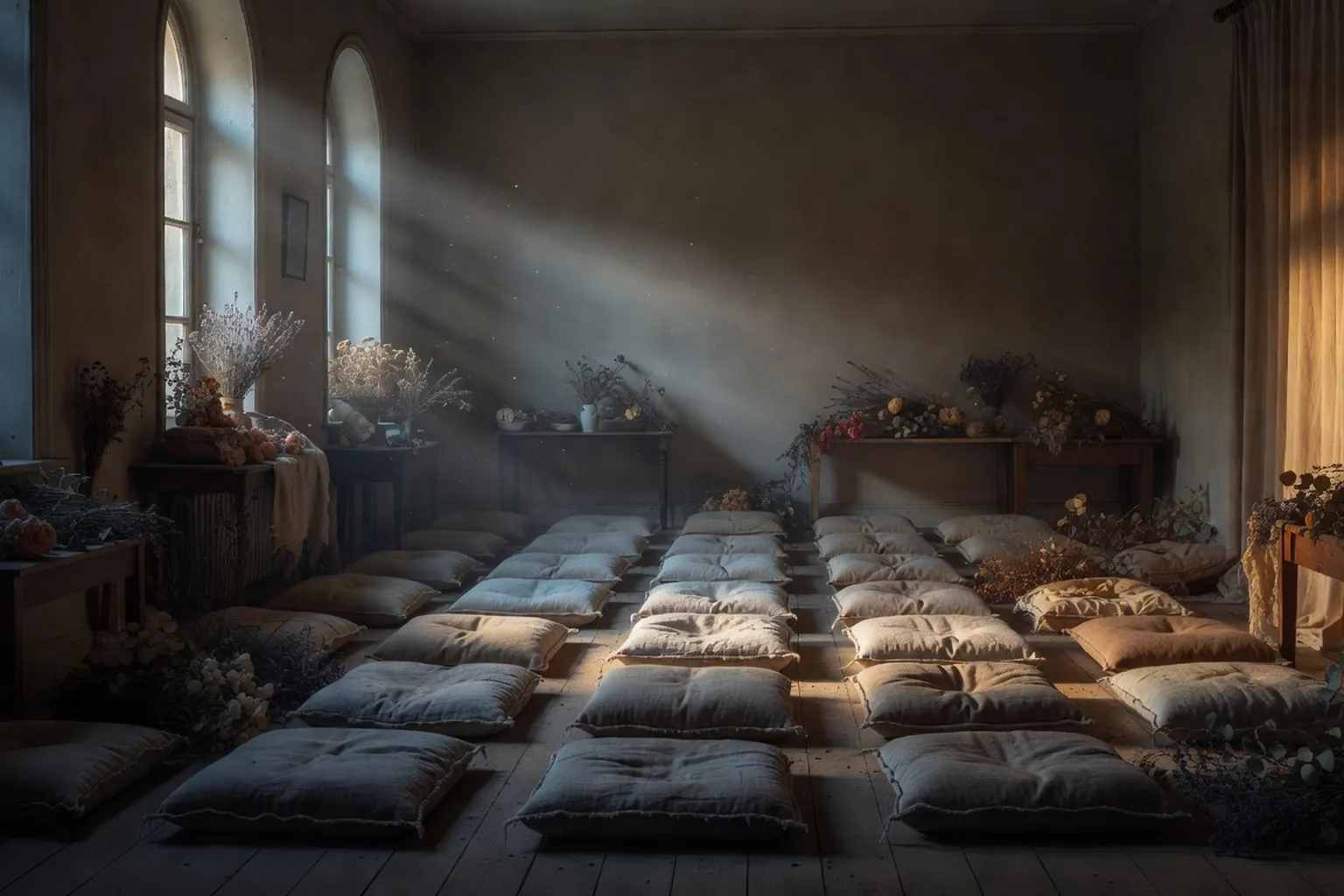 Salle de meditation vide avec coussins alignes en rangees, lumiere froide du matin