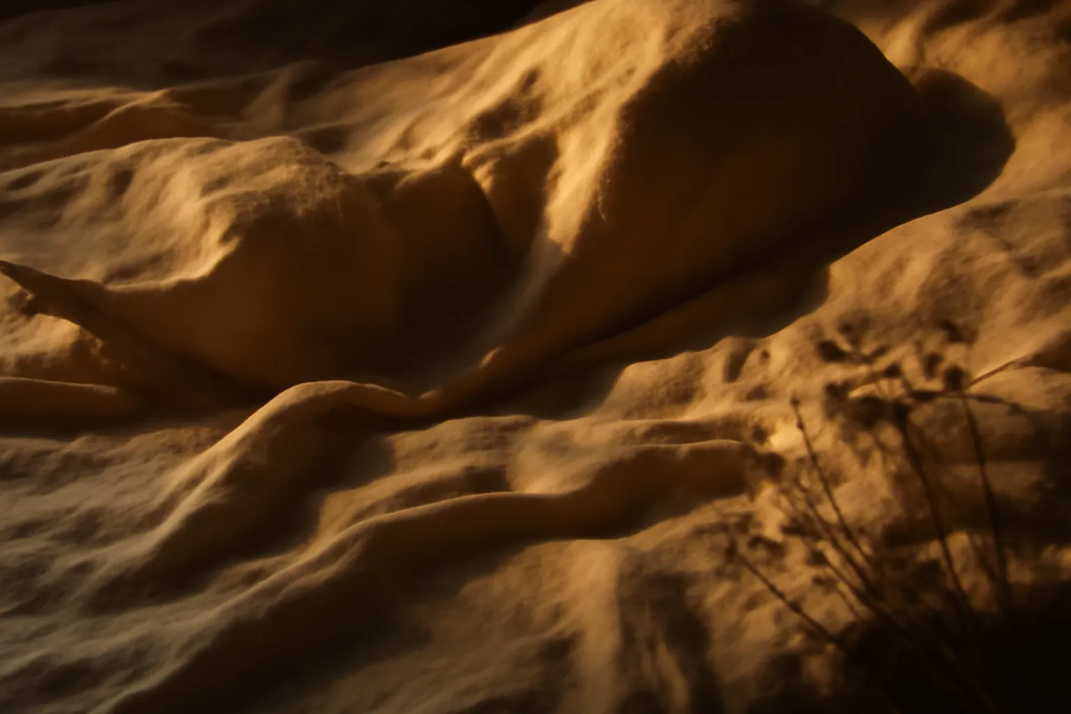Lumière douce sur un drap froissé, suggestion d'un corps en repos, ambiance contemplative