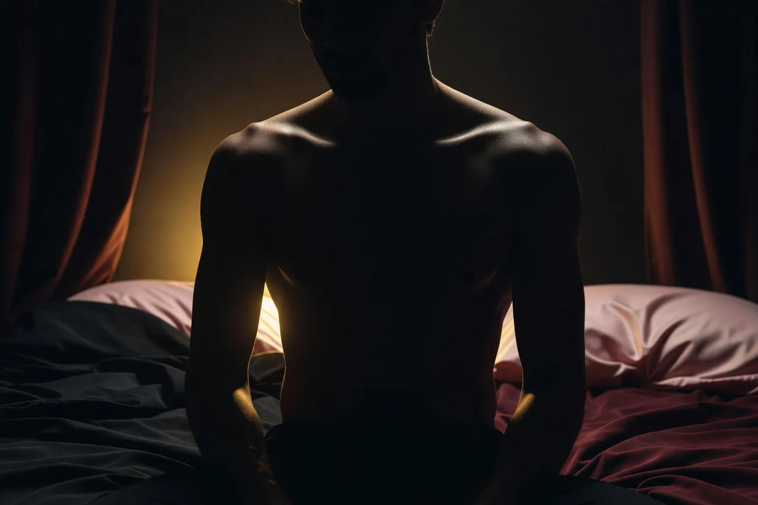 Silhouette masculine de dos en contre-jour doré, torse et épaules, atmosphère intimiste et pudique