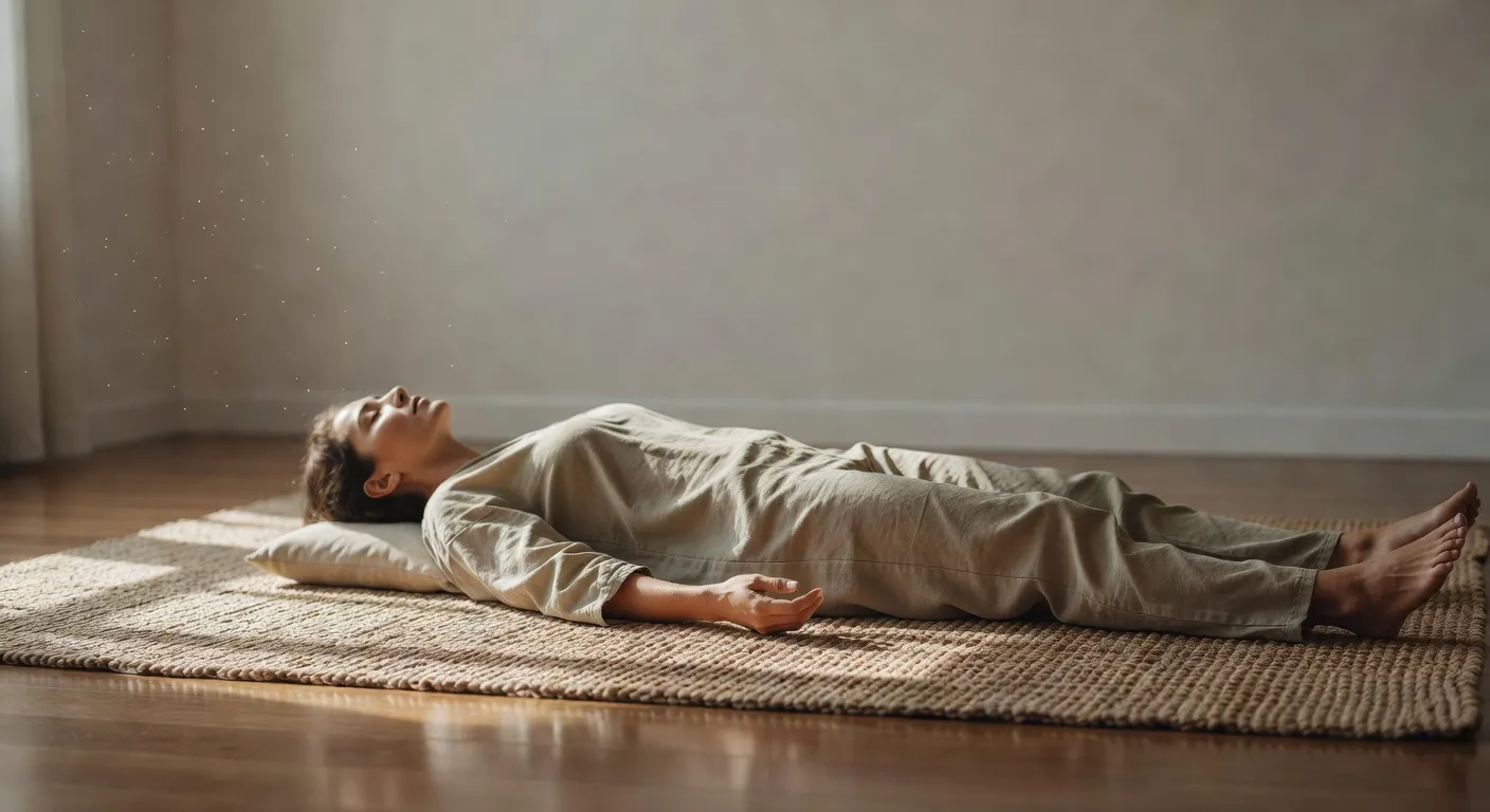 Femme en méditation allongée dans une lumière matinale douce, atmosphère de recueillement et d'intériorité