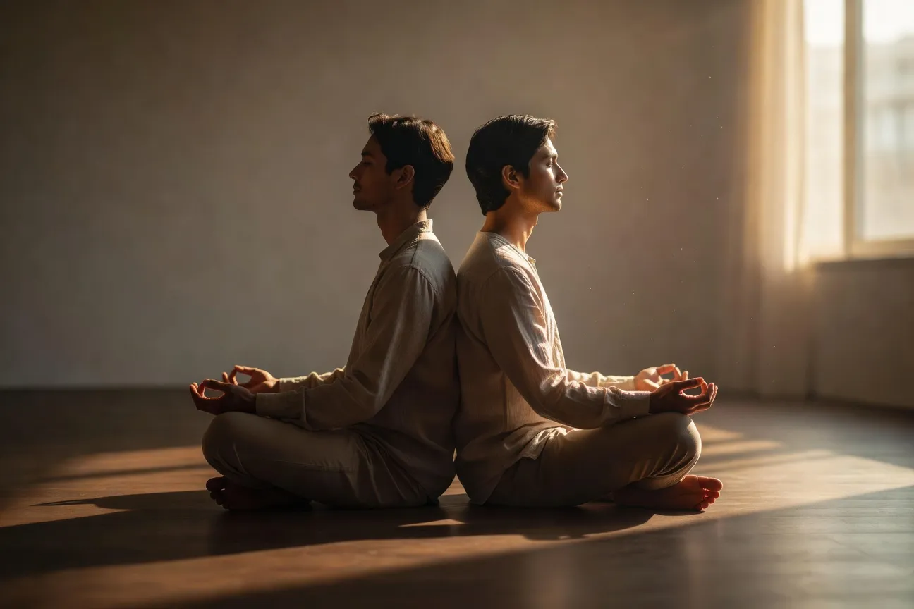 Couple assis dos à dos dans une position de méditation, lumière chaude, atmosphère de connexion silencieuse