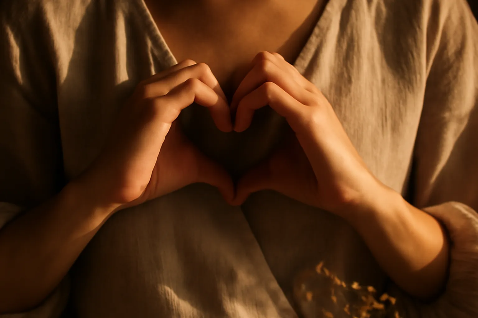 Mains posees en coeur sur la poitrine, lumiere doree d'apres-midi, ambiance contemplative