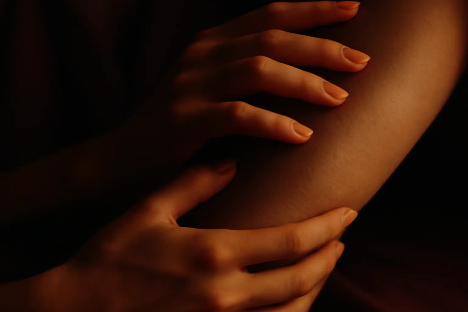 Gros plan sur des mains qui explorent délicatement un avant-bras, texture de peau, lumière chaude