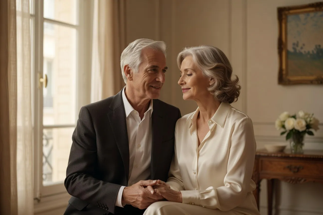 Un couple mature dans un moment de tendresse partagée, lumière naturelle douce, complicité et plénitude