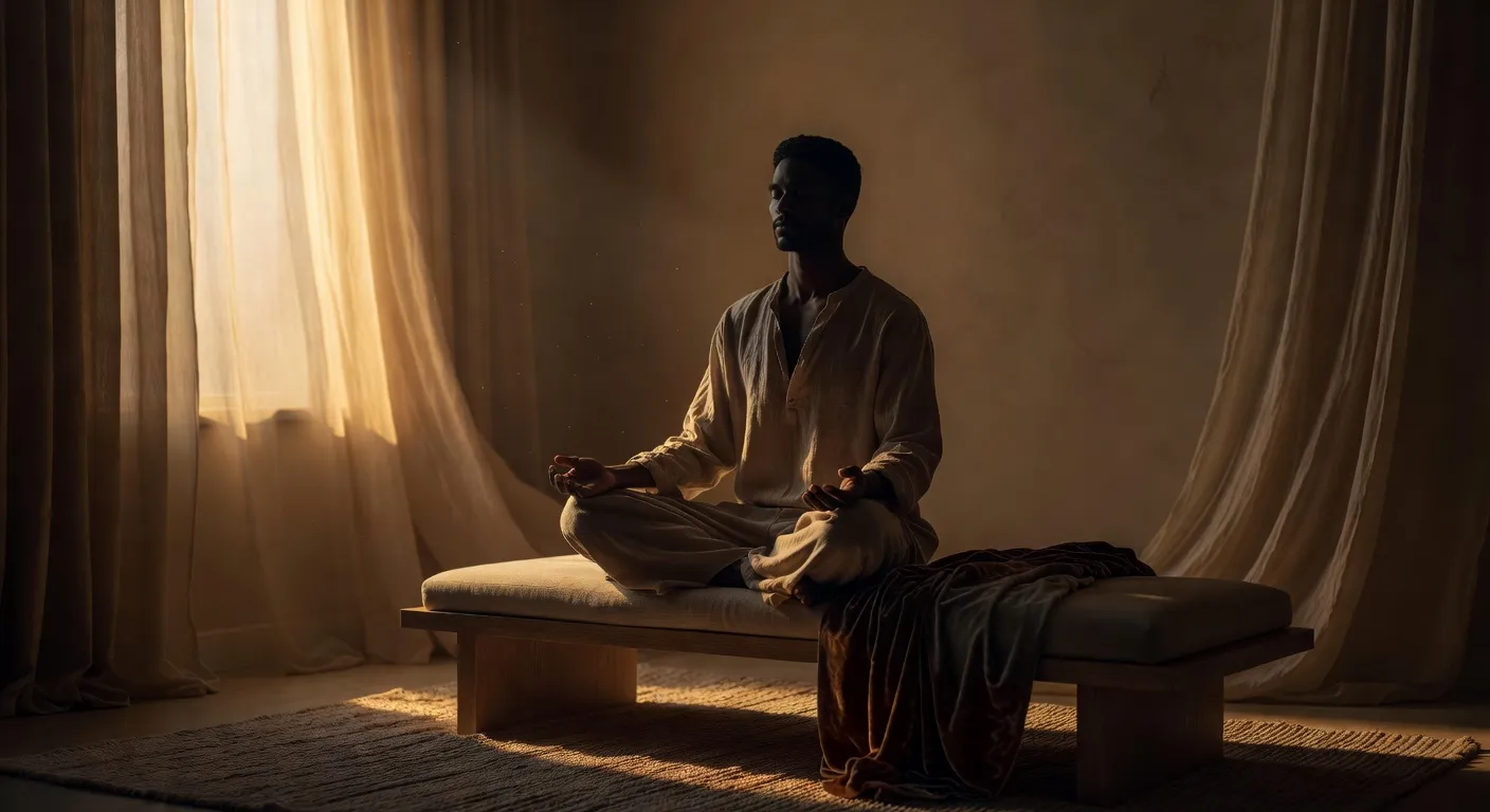 Man in a meditative position, golden light, atmosphere of presence and inner peace, no recognisable face