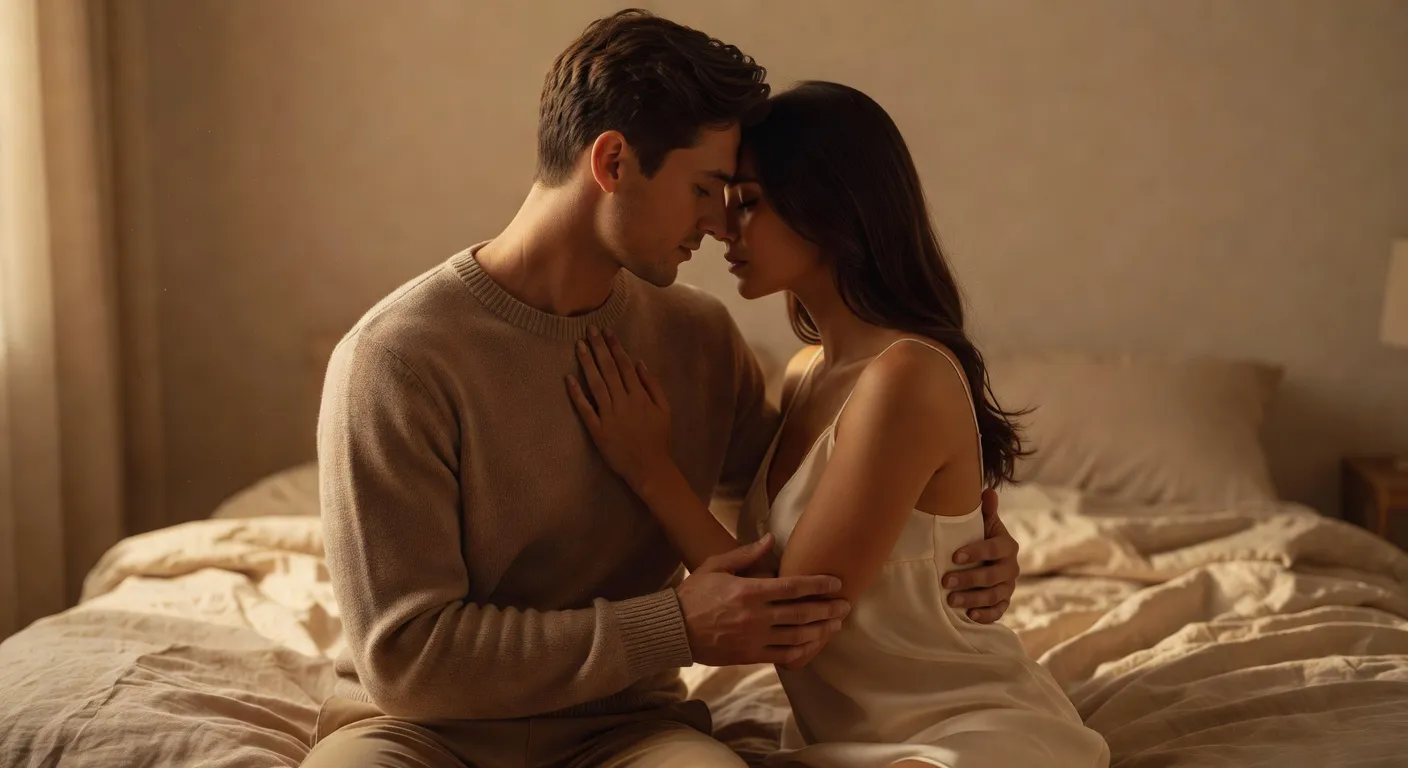 Couple in gentle contact in warm, soft light, atmosphere of trust and tenderness, no recognisable faces