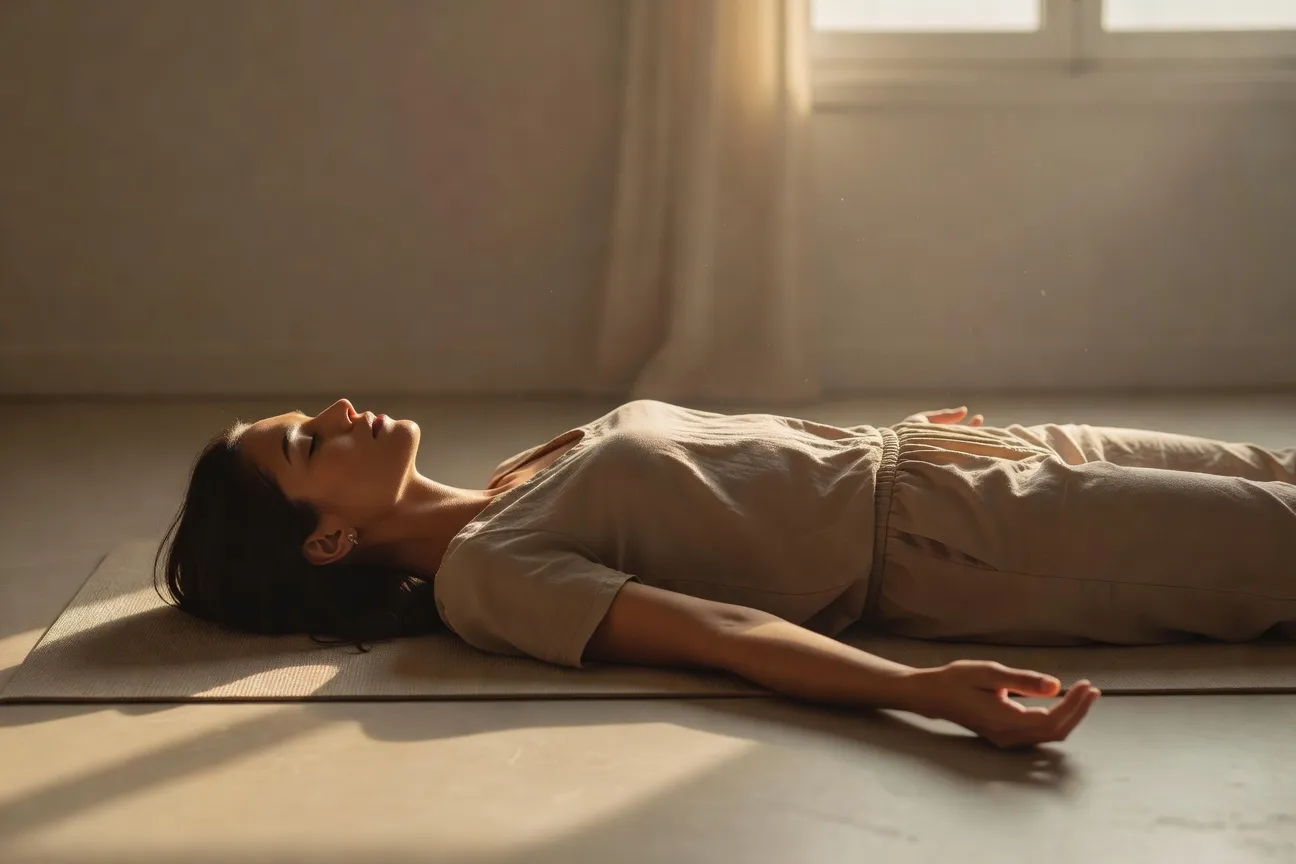 Une femme en position de relaxation consciente, lumière dorée tamisée, atmosphère apaisée et pudique