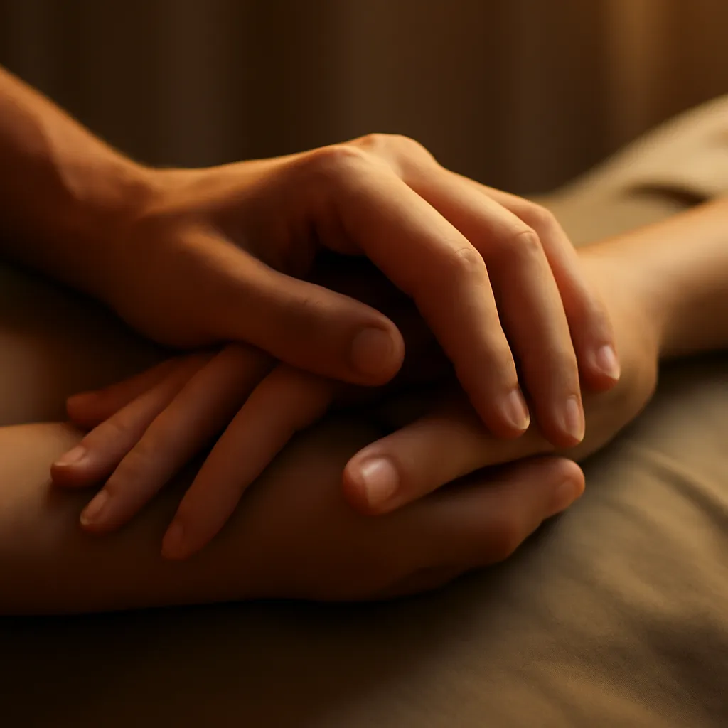 Deux mains posées l'une sur l'autre, contact doux et attentionné, lumière chaude et douce