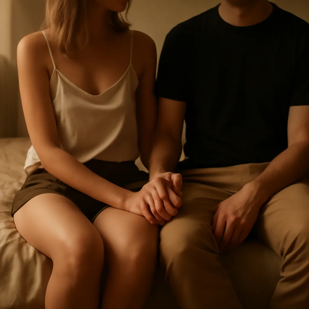 Couple assis côte à côte dans une lumière apaisée, mains jointes, atmosphère de sécurité et de calme