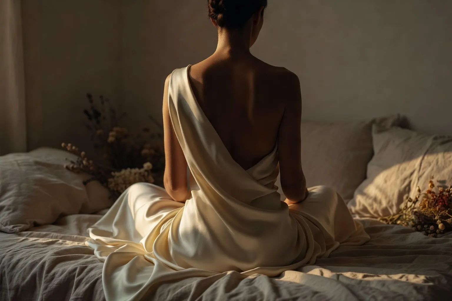 Femme en méditation, mains posées sur le ventre