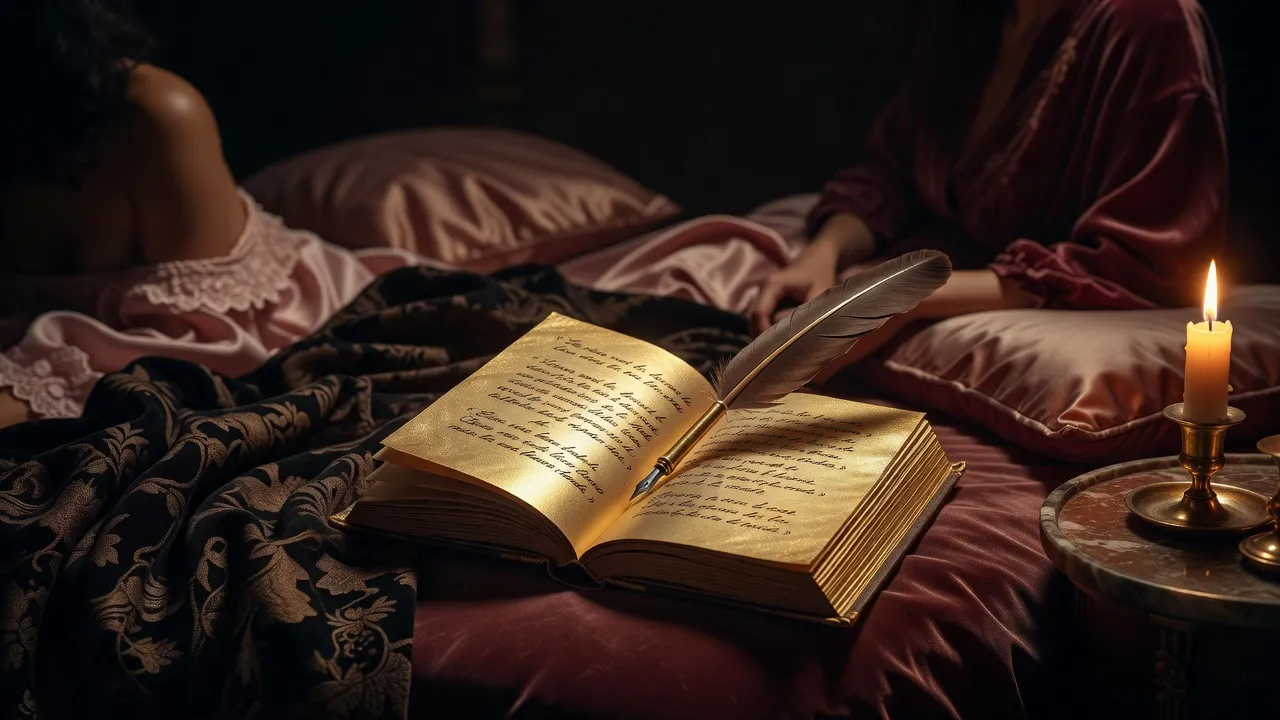 Livre ouvert, plume, lumière de chandelle — évocation de l'imaginaire