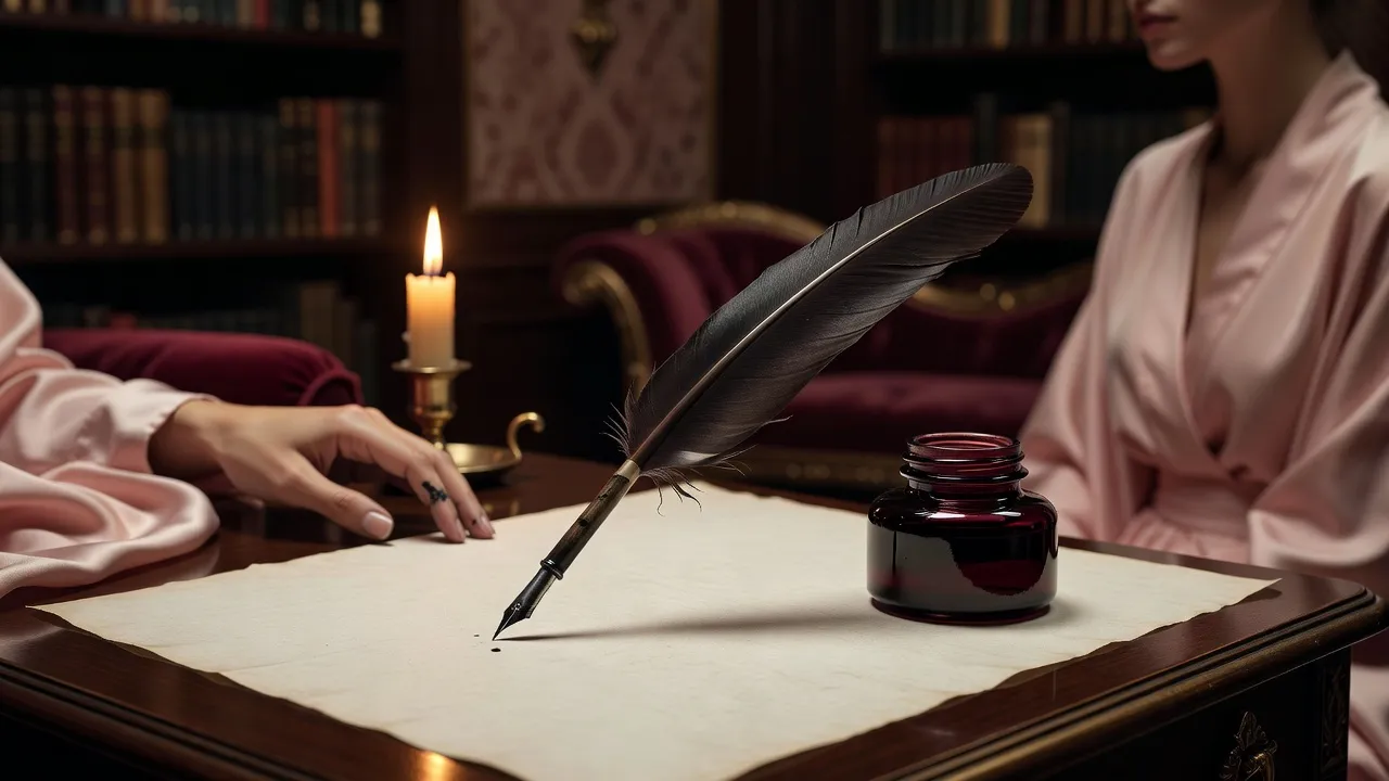 Plume d’encre sur parchemin ivoire, encrier bordeaux