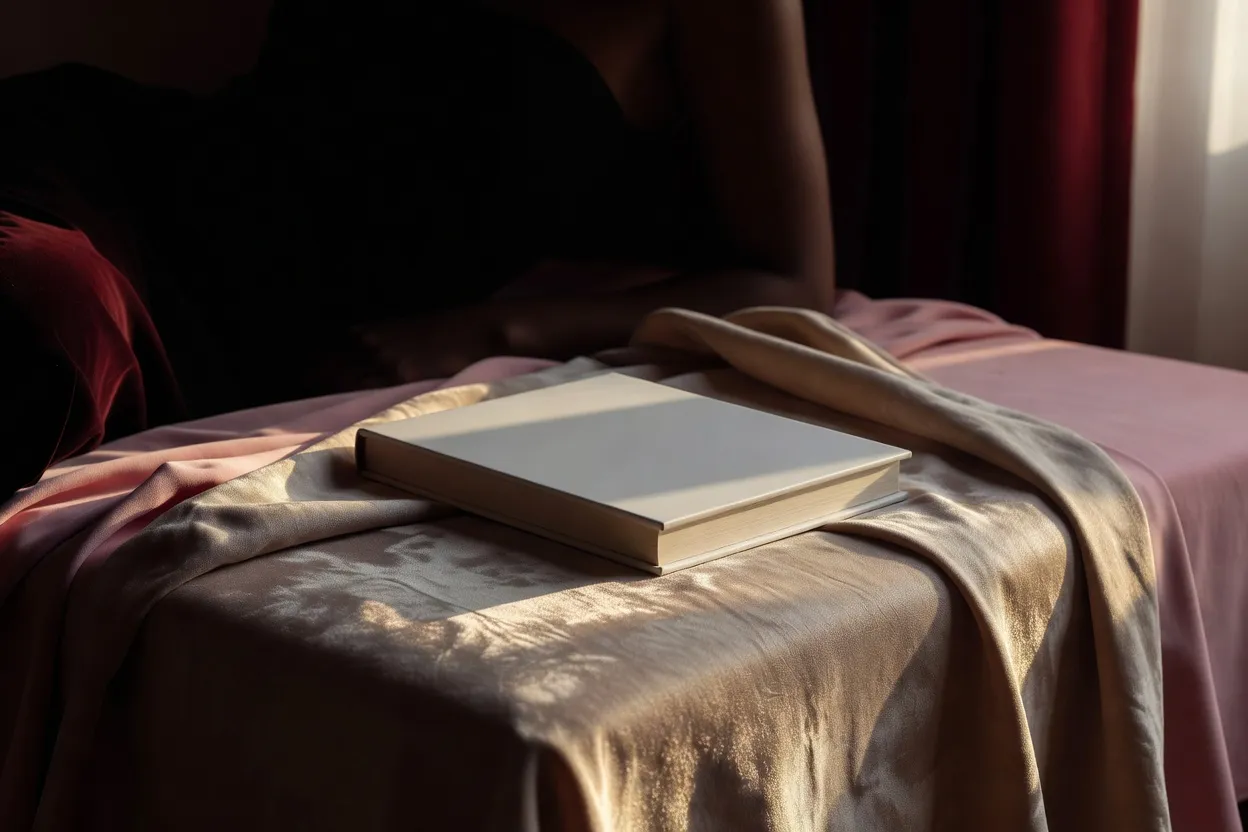 Couverture de livre blanc sur fond de tissu beige