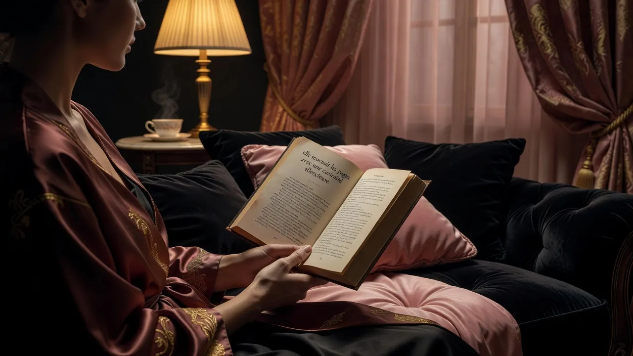 Femme lisant dans un espace intimiste, épaule et livre visibles