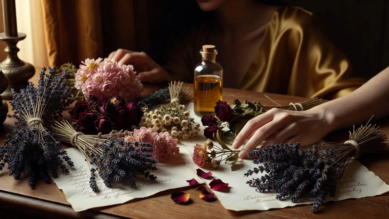 Plantes médicinales et fiole en verre, tons herbier chaud