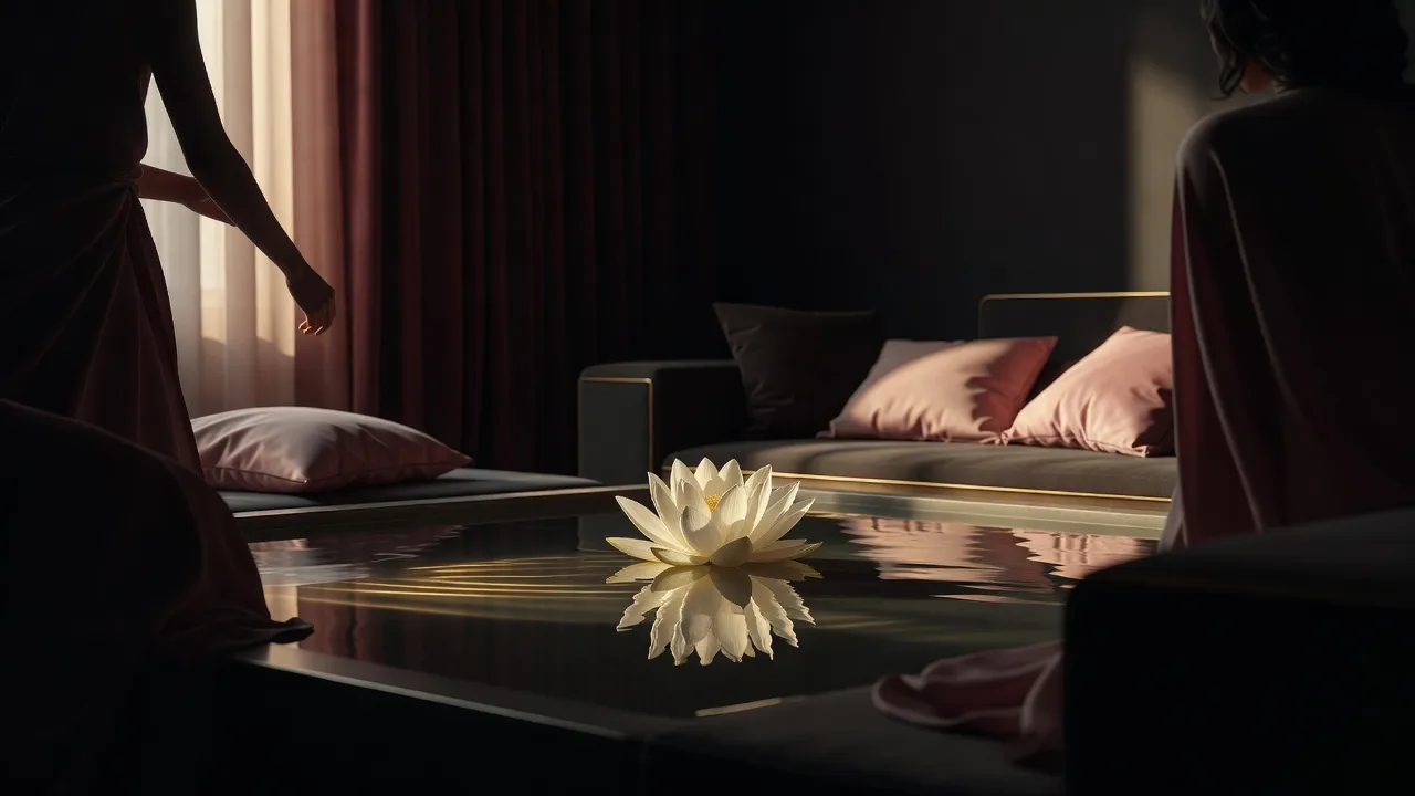 Fleur de lotus sur fond d'eau calme, lumière matinale