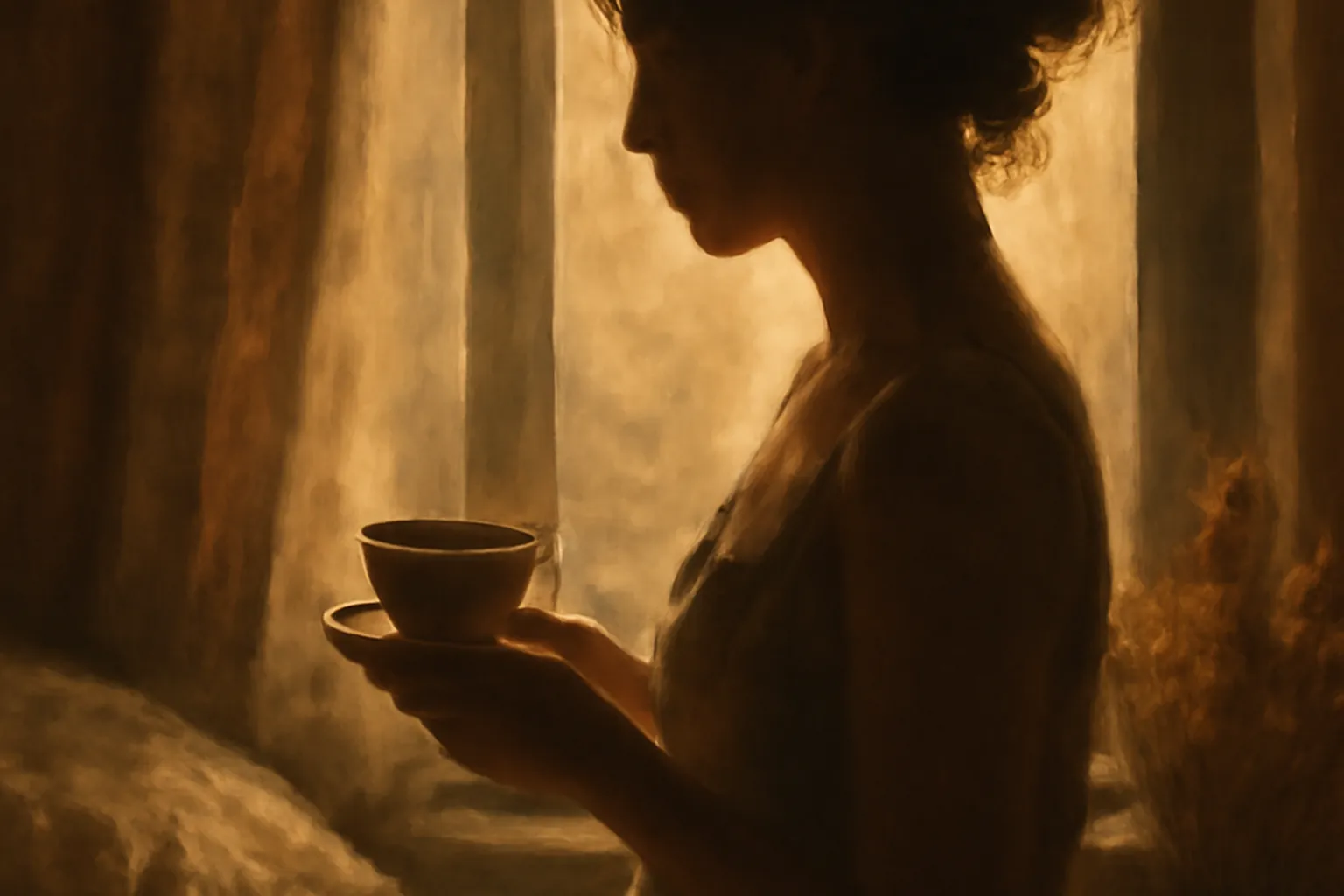 Golden light on linen sheets, contemporary boudoir atmosphere